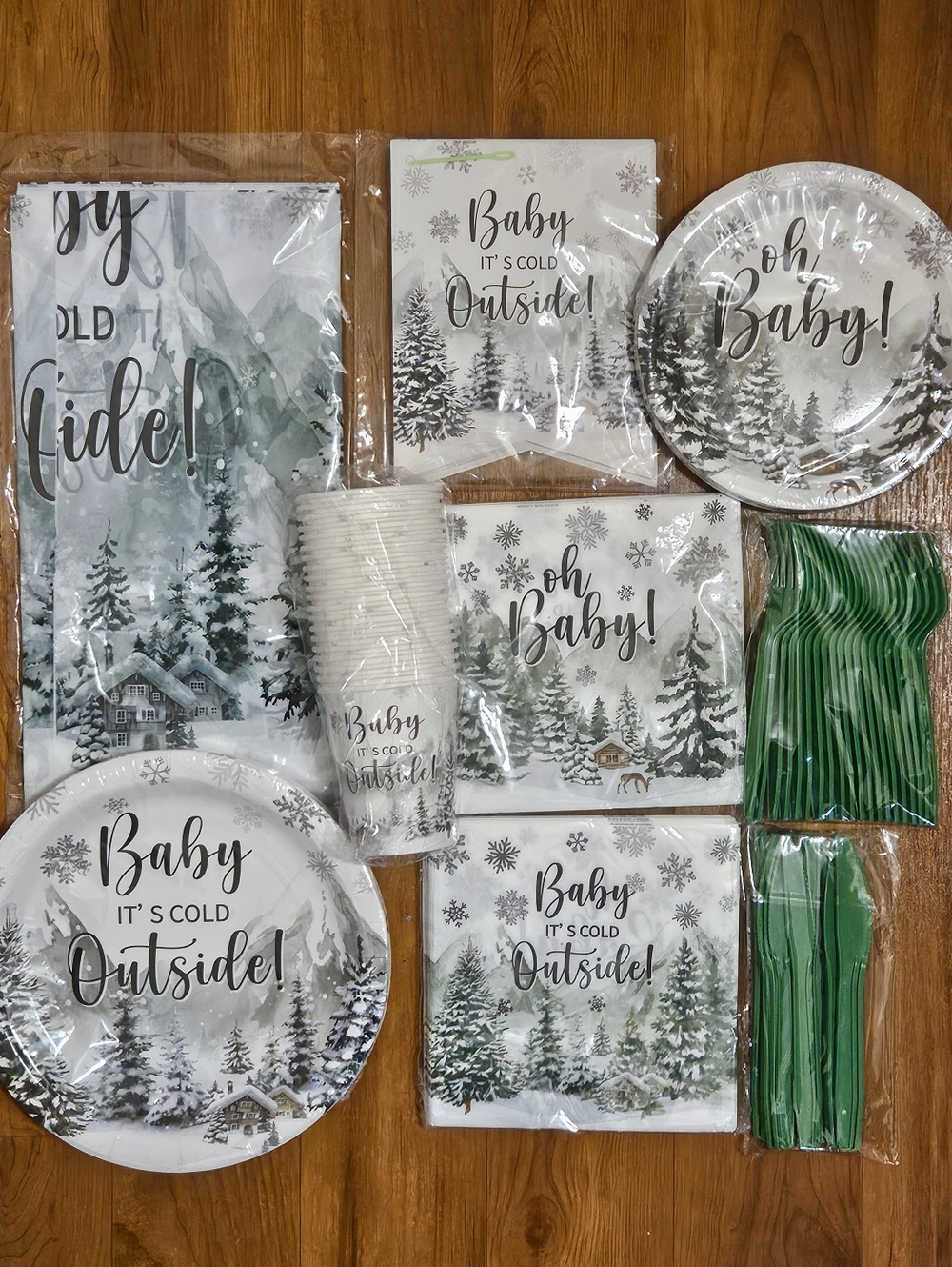 Winter Forest 'Baby It's Cold Outside' Party Plates & Napkin Kit - Green/White